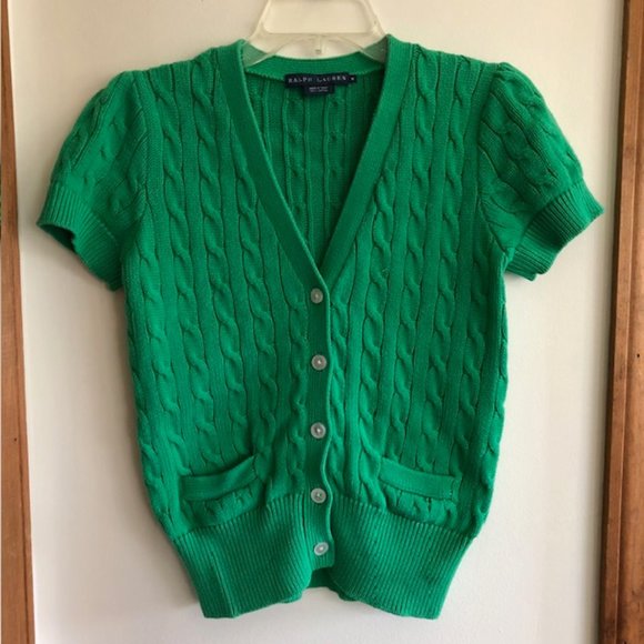 RALPH LAUREN Green Cable Short Sleeve Button Front V Neck Cotton Sweater… - Picture 6 of 17